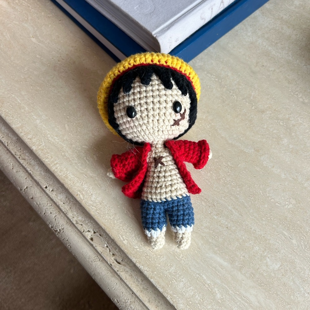 Handmade Crochet Pirate Anime Luffy Doll - Red, Yellow, Blue